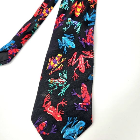 Vtg Addiction Men’s Necktie Tie Black Colorful Rainforest Tropical Tree Frogs - Picture 2 of 9